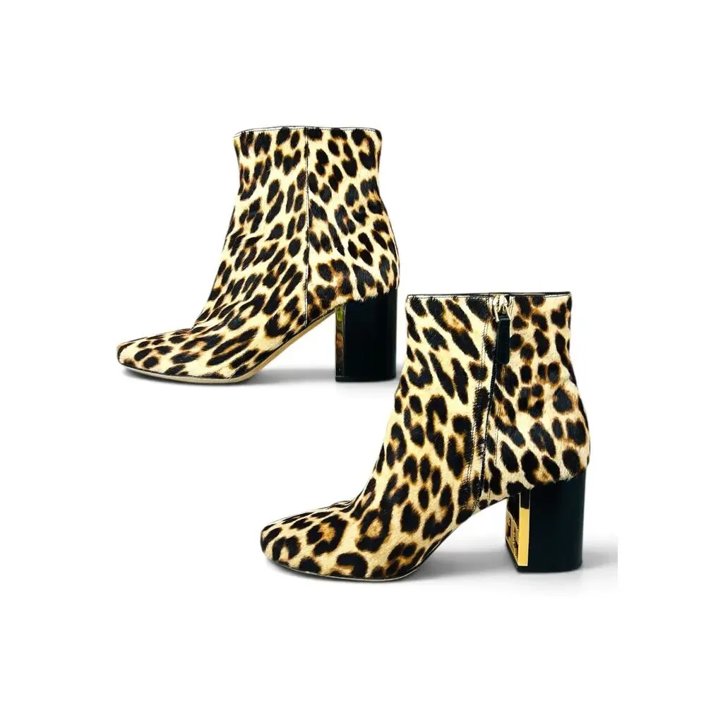 Tory Burch Gigi Leopard Pony Hair Ankle Booties Gold Logo Block Heel Size 8.5
